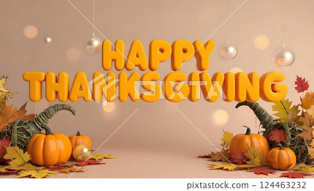 Thanksgiving day autumn background with Happy Thanksgiving letters, seasonal autumn nature berries, pumpkins on the beige background, Thanksgiving day card Thanksgiving day autumn background with Happy Thanksgiving letters, seasonal autumn nature berries, pumpkins on the beige background, Thanksgiving day card 124463232