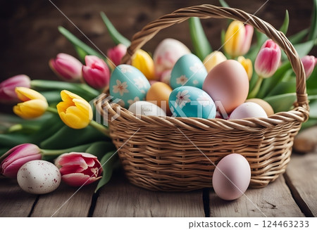 A wooden background featuring a basket of vibrant Easter eggs and blooming tulips. 124463233