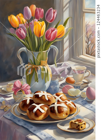 Delicious and beautifully presented breakfast on the table with freshly prepared food and coffee 124463234