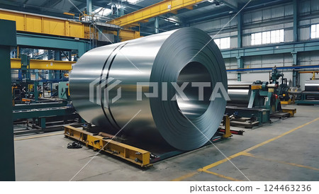 Industrial background. Big size steel coil stored inside industrial warehouse Industrial background. Big size steel coil stored inside industrial warehouse 124463236