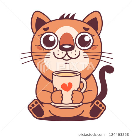 Two cats in love with cups of coffee drink, heart shape, love. Time for coffee, rest, friendship. Couple of animals clicking cups 124463268
