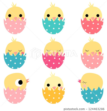 Cute Easter hatching chickens in colored eggs 124463286