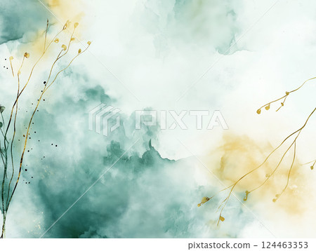 Pastel watercolor background with gold botanical illustrations 124463353