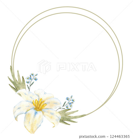 Round frame of white flower and green leaves. Watercolor illustration. Isolated. Template for first communion, baptism, wedding greeting cards, invitation, save the date, birthday. Copy space 124463365