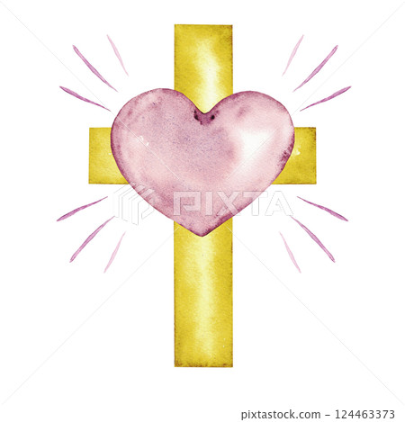 Pink heart against gold cross. Isolated on a white background. Watercolor illustration, catholic religious symbols. For first communion, wedding, baprism greeting card, invitation. Hand drawn Pink heart against gold cross. Isolated on a white background. Watercolor illustration, catholic religious symbols. For first communion, wedding, baprism greeting card, invitation. Hand drawn 124463373