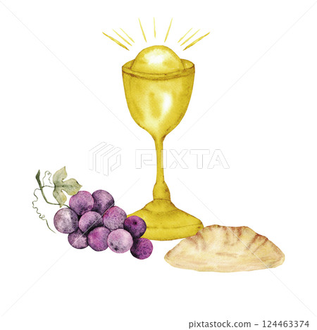 Watercolor composition with catholic religious symbols. Chalice, bunch of grapes, bread isolated on white background. For first communion, wedding, baprism greeting card, invitation 124463374