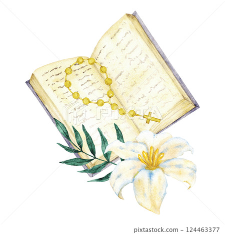 Open Bible, rosary and white lily. Hand drawn watercolor illustration. For first communion, baptism, wedding greeting cards, invitation, save the date and celebration, anniversary and birthday party 124463377