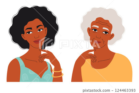 Pretty Beautiful African American Girl And Mature Older Gray-Haired Woman Granny. Concept of Generation, Family, Time, Change. Elegant Young and Old Female Portrait. Vector Illustration 124463393
