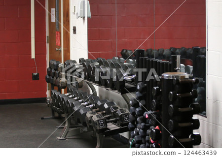 Weightlifting Equipment Arranged Neatly in a Gym Environment 124463439