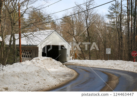 Covered Bridge Near Snowy Road in Winter Landscape in Vermont Covered Bridge Near Snowy Road in Winter Landscape in Vermont 124463447