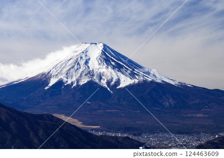 Spectacular view of snow-capped Mt. Fuji and the mountain ranges (Takakawayama Viewpoint) 124463609
