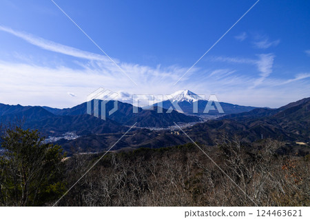 Spectacular view of snow-capped Mt. Fuji and the mountain ranges (Takakawayama Viewpoint) 124463621