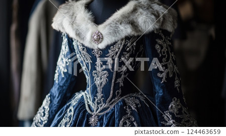 Blue gown with fur trim 124463659