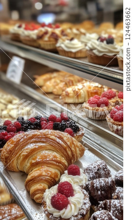 Berry-topped pastries display 124463662
