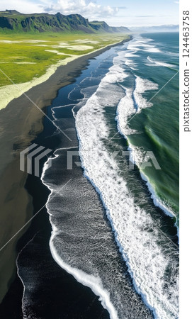 Waves crash on black sand beach 124463758