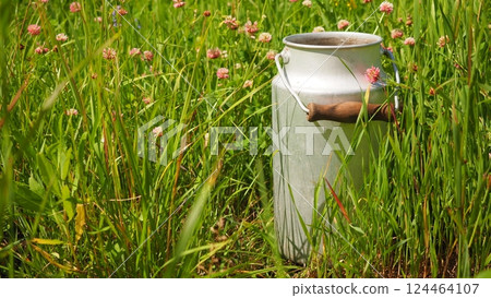 Aluminum can with water and green grass Aluminum can with water and green grass 124464107