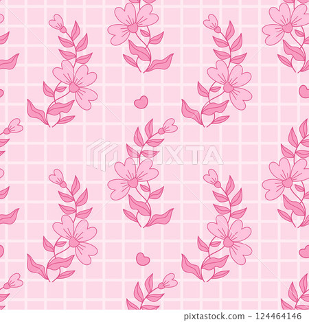Pink Floral Coquette seamless pattern. Branch with Flower and Leaves on checkered background with hearts. Romantic Girly Vibe. Trendy aesthetic patterned backdrop template. Vector illustration 124464146