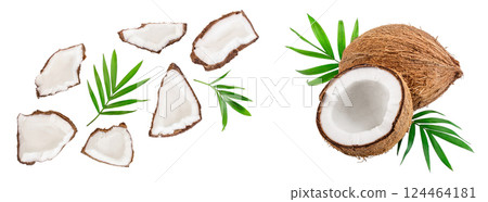 piece of coconut with leaves isolated on white background. Top view. Flat lay 124464181