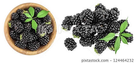 blackberry with leaf in wooden bowl isolated on a white background closeup 124464232