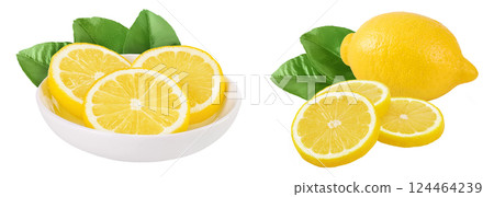 Ripe lemon slices in ceramic bowl isolated on white background with full depth of field. 124464239