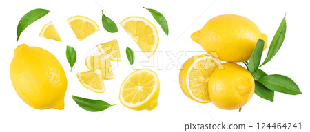 Ripe lemon with slices isolated on white background with full depth of field. Top view. Flat lay Ripe lemon with slices isolated on white background with full depth of field. Top view. Flat lay 124464241