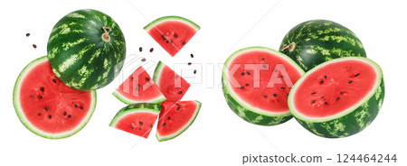 Slices of watermelon isolated on white background. Top view. Flat lay 124464244