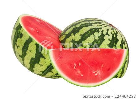 Red seedless watermelon half isolated on white background with full depth of field. Red seedless watermelon half isolated on white background with full depth of field. 124464258