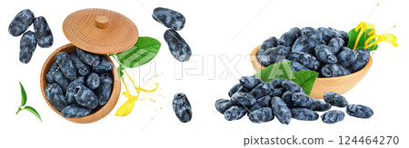Fresh honeysuckle blue berry in wooden bowl isolated on white background with full depth of field. Top view. Flat lay 124464270