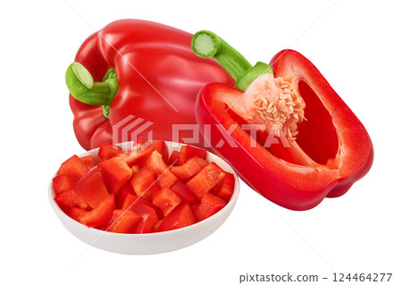 slices of red sweet bell pepper in ceramic bowl isolated on white background with full depth of field 124464277