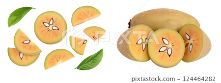 Sapodilla slices isolated on white background with full depth of field. Top view. Flat lay 124464282