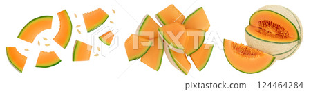 Cantaloupe melon isolated on white background with full depth of field. Top view. Flat lay Cantaloupe melon isolated on white background with full depth of field. Top view. Flat lay 124464284