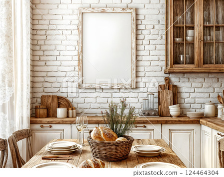Blank frame for wall art mockup in a modern farmhouse kitchen featuring a wooden dining table and natural light 124464304