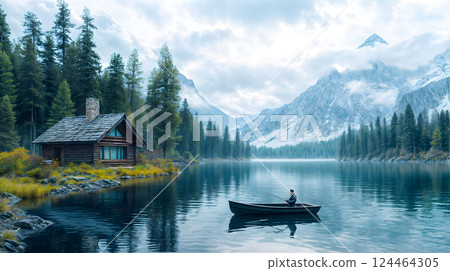 Serene lake fishing with a rustic cabin surrounded by majestic mountains and a tranquil forest setting at sunrise 124464305
