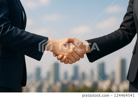 城市背景下的女商人握手 — — 協議與合作的商業場景 124464541