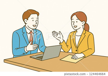 Illustration of men and women discussing at a business meeting (blue suits and yellow jackets) 124464664