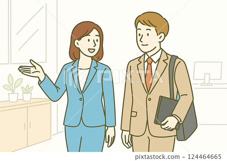 Illustration of female employees guiding new employees in the office (in a blue suit and a beige suit) 124464665