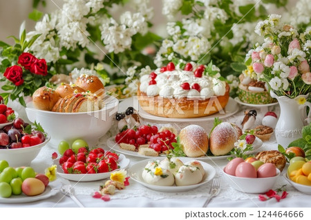 Easter celebration table with traditional dishes and floral decorations for a festive gathering. Generative AI 124464666