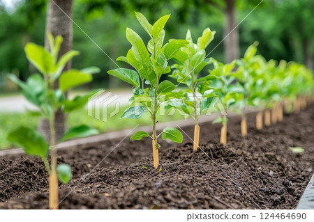 Freshly planted saplings line a community garden in lush green surroundings under bright daylight. Generative AI 124464690
