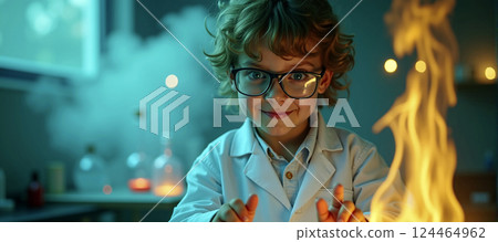 Child as a young scientist conducting experiments and interested in science, fascination with science and nature 124464962