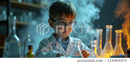 Child as a young scientist conducting experiments and interested in science, fascination with science and nature 124464975