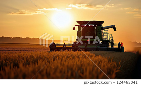 A combine harvester mows a wheat field in late summer and brings the harvest for further processing 124465041
