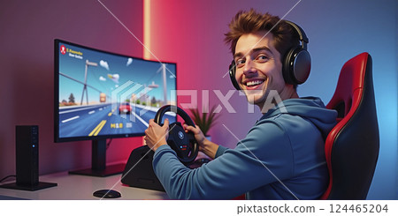 Gamer playing a car racing simulation at home with a steering wheel controller and having fun, e-sports and gaming industry 124465204