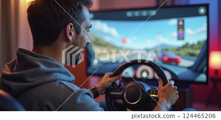 Gamer playing a car racing simulation at home with a steering wheel controller and having fun, e-sports and gaming industry 124465206