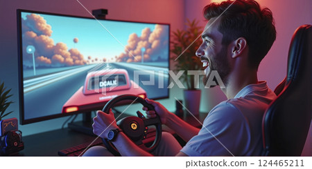 Gamer playing a car racing simulation at home with a steering wheel controller and having fun, e-sports and gaming industry 124465211