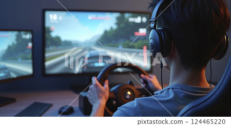 Gamer playing a car racing simulation at home with a steering wheel controller and having fun, e-sports and gaming industry 124465220