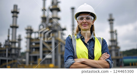 A female employee working with self-confidence in the male domain, construction, heavy industry or production, equality of women and men in society 124465300