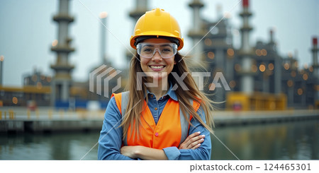 A female employee working with self-confidence in the male domain, construction, heavy industry or production, equality of women and men in society 124465301