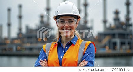 A female employee working with self-confidence in the male domain, construction, heavy industry or production, equality of women and men in society 124465302