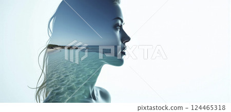 The silhouette of a female head depicting a calm and relaxed landscape, relaxation exercises, stress management and positive thinking 124465318