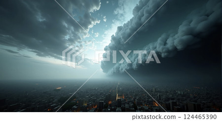 A huge destructive storm is approaching a city and threatens to cause considerable damage and endanger human life 124465390